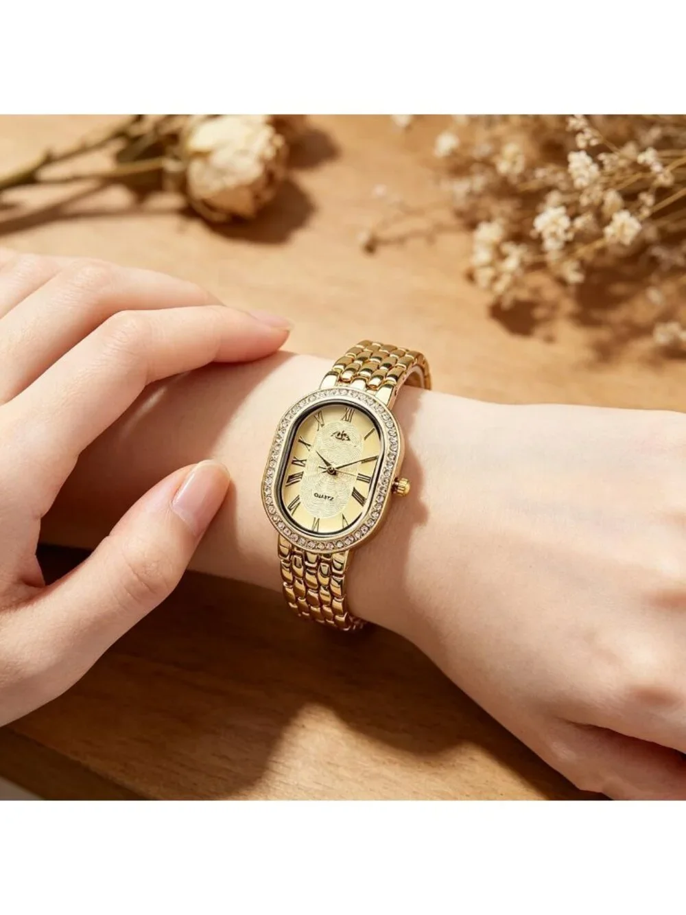 Women's Gold Oval Metal Rhinestones Case Adjustable Stainless Steel Watches